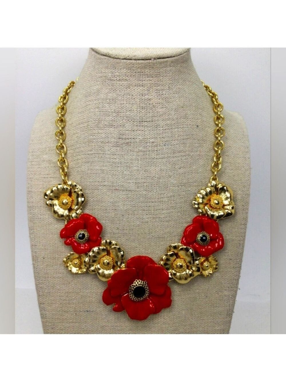Talbots Red Enamel Goldtone Flower Statement Necklace EUC 17 1/2"+3"
